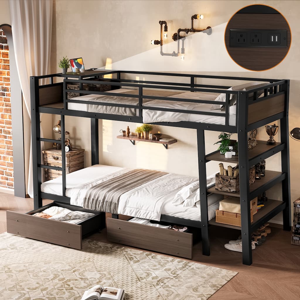 Twin Size Metal Bunk Bed with Storage Shelves, LED light strip, and USB power strip, black