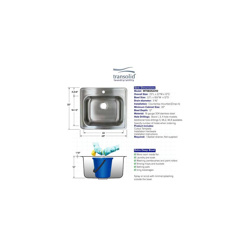 Transolid Meridian Stainless Steel 25-in x 22-in x 12-in Laundry Sink - 2