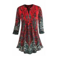 Women's Pleated Paisley Tunic Top -3/4 Sleeve Blouse-Ivory, Red, Turquoise, Navy