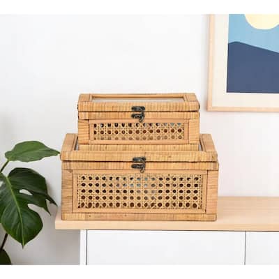 Set Of Two Natural Wood Rattan And Glass Jewelry Boxes