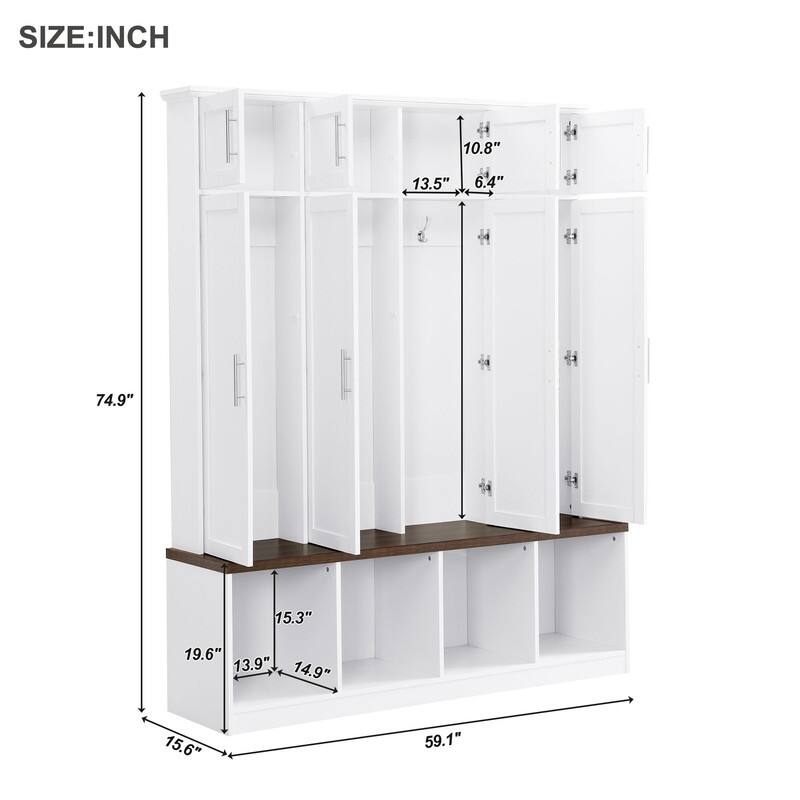 Modern Hall Tree with 4 Hanging Hooks, Shoe Bench with Multiple Storage Space, Hallway Tall Storage Cabinet