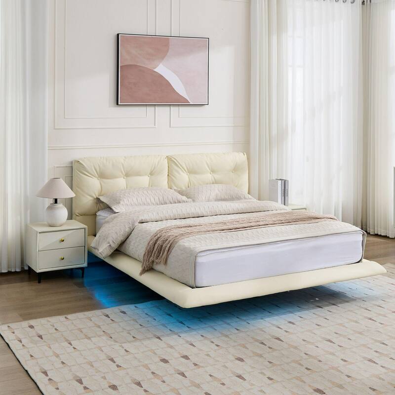 Queen Size LED Upholstered Platform Bed with Button-Tufted Headboard, Easy Assembly, No Box Spring Needed, White - White
