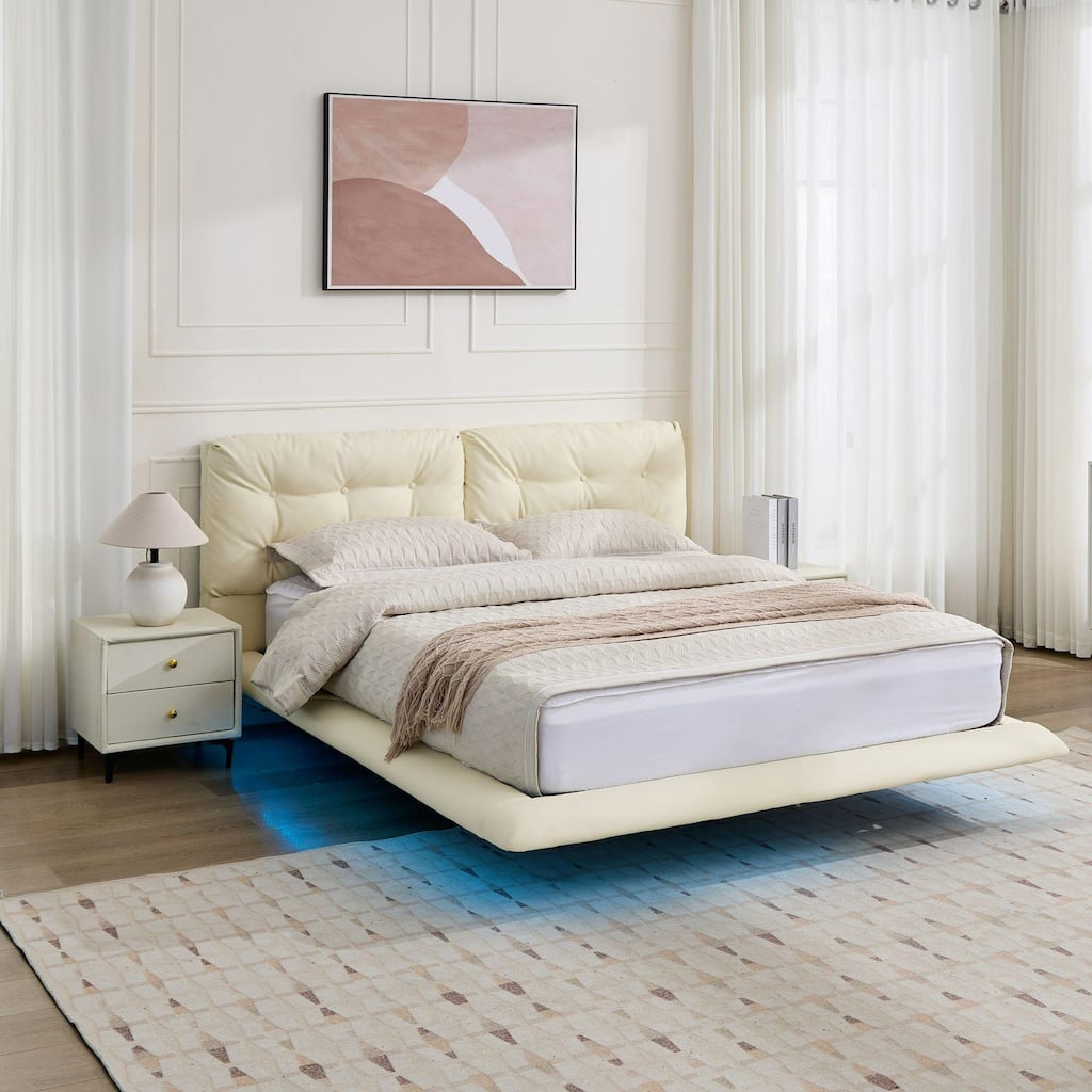 Queen Size LED Upholstered Platform Bed with Button-Tufted Headboard, Easy Assembly, No Box Spring Needed, White