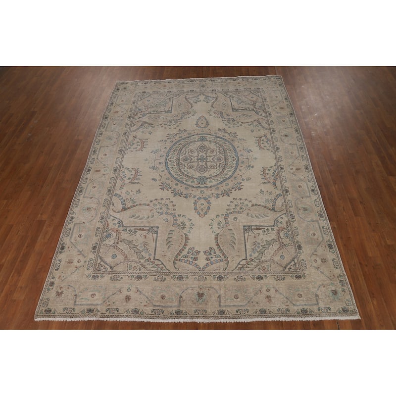 Medallion Tabriz Persian Area Rug Oriental Beige Handmade Wool Carpet - 6'9"x 9'7"