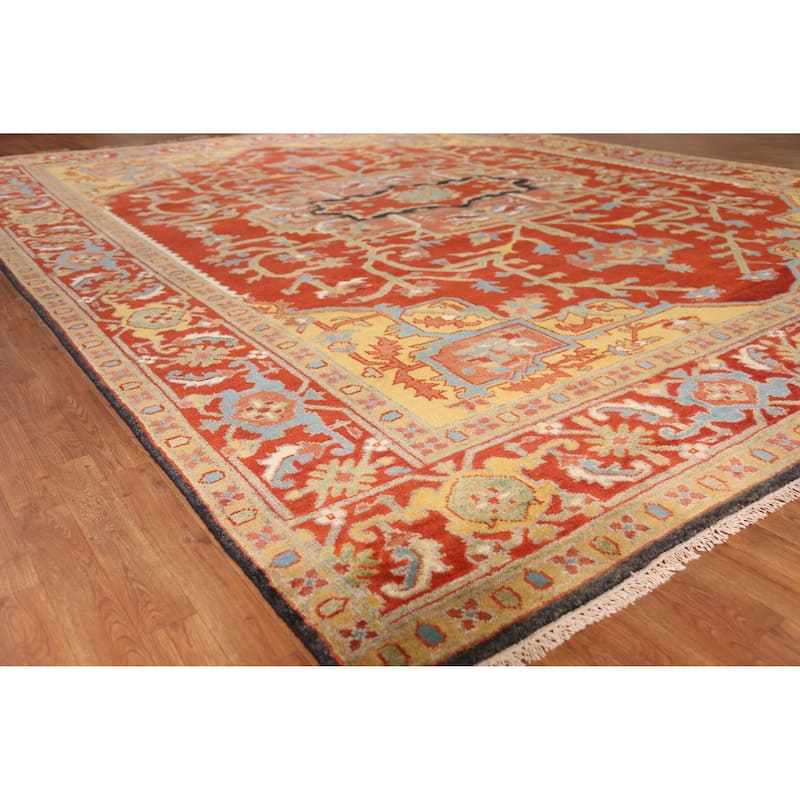 Heriz Serapi Indian Large Rug Handmade Orange Wool Carpet - 11'9" x 15'0" - Orange - 11'9" x 15'0"