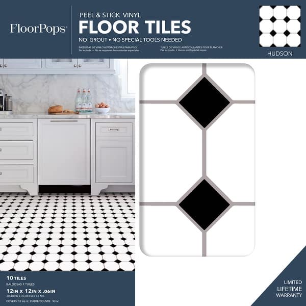 Floorpops FP3993 Hudson Peel & Stick Vinyl Floor Tiles – Black White Gray, 10-Tile Pack (Open Box)