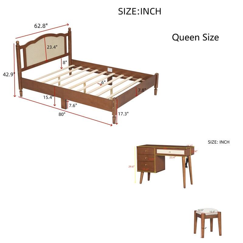 2-Pieces Bedroom Sets,Queen Size Wooden Platform Bed with Natural Rattan Headboard,and Wooden Makeup Vanity Set