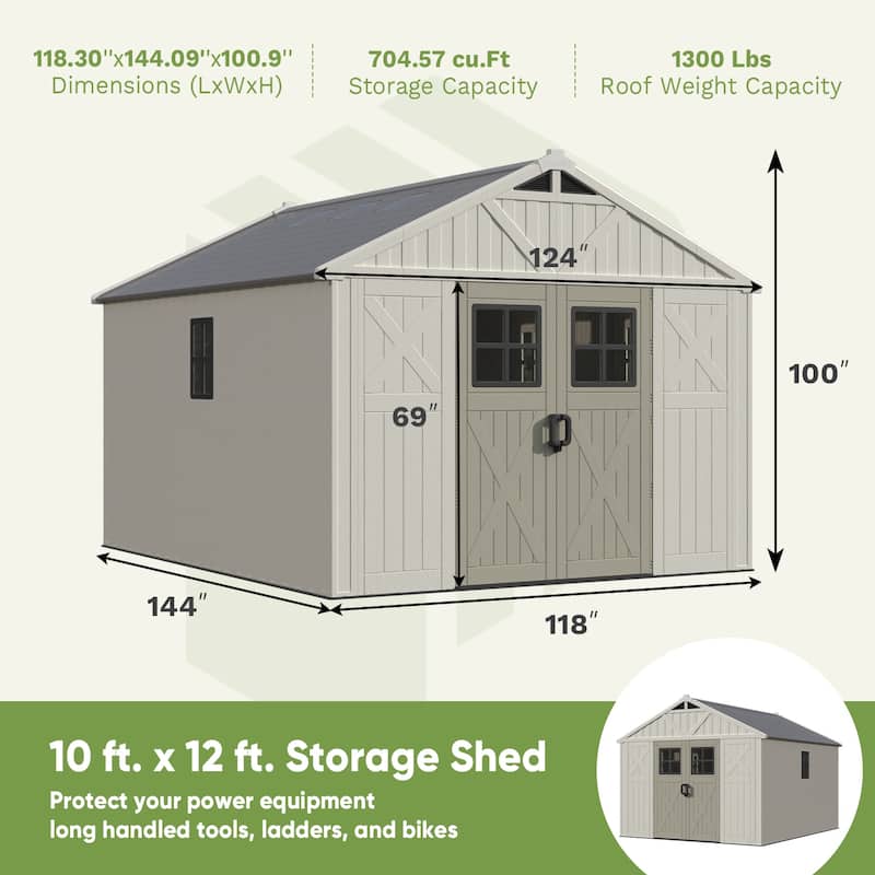 Patiowell 10 x 10 FT Resin Outdoor Storage Shed With Floor ,Weather Resistant, Organization for Home/Backyard/Garden, Off White