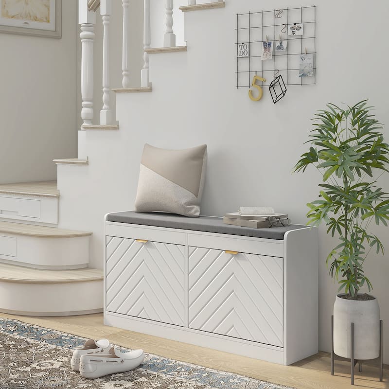 Entryway Bench with 2 Flip Drawers, Seating Cushion, and 2 Vents for 8 Pairs of Shoes for Hallway