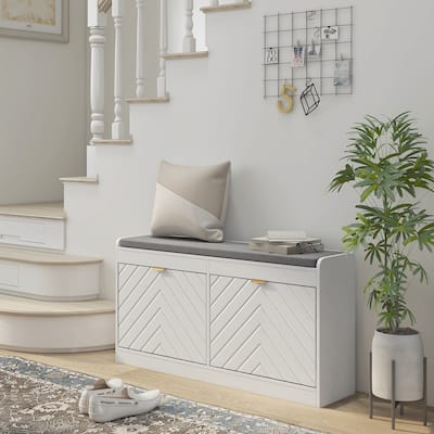 White Shoe Bench with Cushioned Seat and Tilt-Out Storage Drawers for Entryway or Hallway - 41.75" W x 9.5" D x 20.75" H