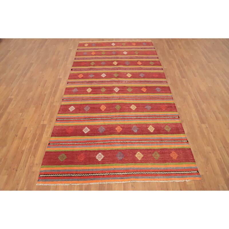 Hand Woven Oriental 100% Wool Carpet Southwestern Tribal Oranges & Rust Kilim Area Rug - 10' 2'' X 5' 6''
