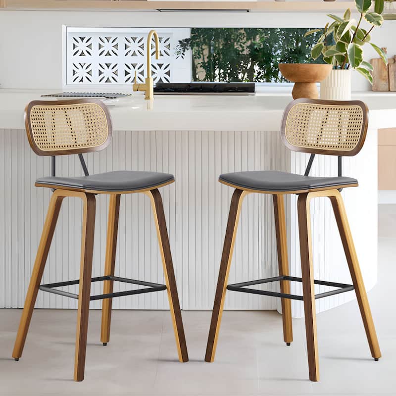 26-inch Wood Counter Height Bar Stools with Rattan Back