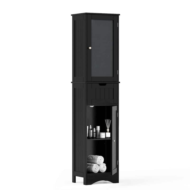 Costway Bathroom Tall Cabinet Freestanding Linen Tower with Doors & - See Details - Black