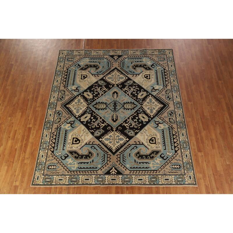 Hand Knotted Oriental 100% Wool Carpet Traditional Medallion Black Kazak Area Rug - 9' 7'' X 8' 2''