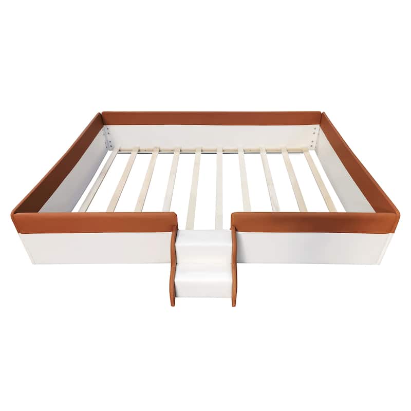 Queen Size Upholstered Daybed Frame with Fence and Stairs,(BROWN+WHITE)