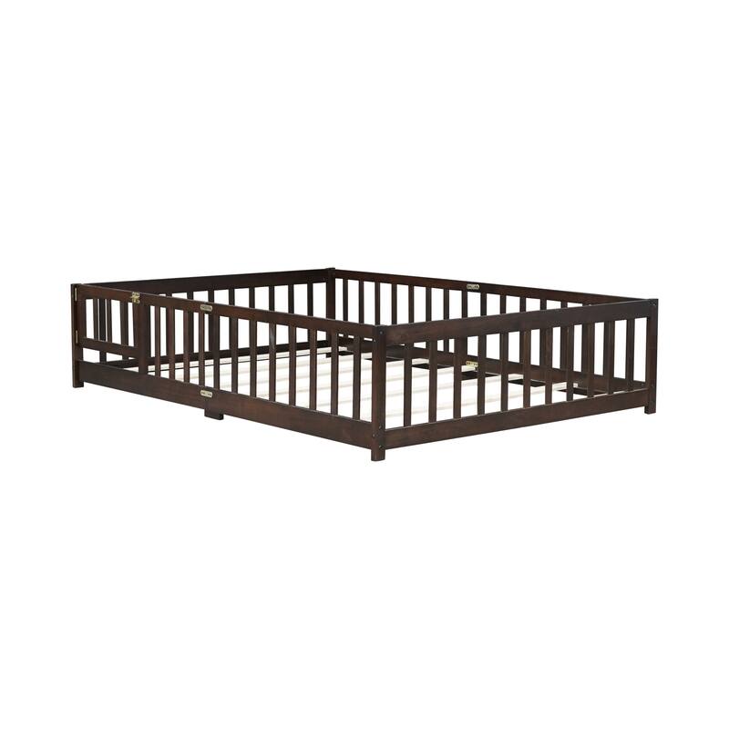 Roomfitters Twin/Full/Queen Rubber Wood Floor Bed with Fence and Swing Door, Safety Guardrails, Low Profile Design