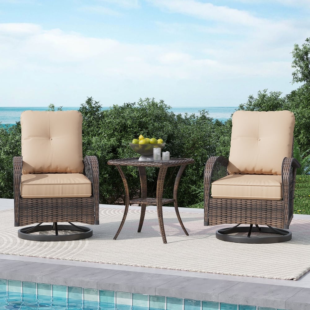 EROMMY Outdoor 3 Pieces Swivel Rocker Patio Chair Sets with Glass Table, All-Weather Wicker & Thickened Cushions for Backyard