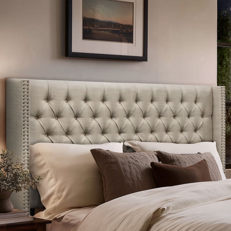 Madison Park Baldwin Upholstered Wingback Headboard with Button Tufting & Nailhead Trim