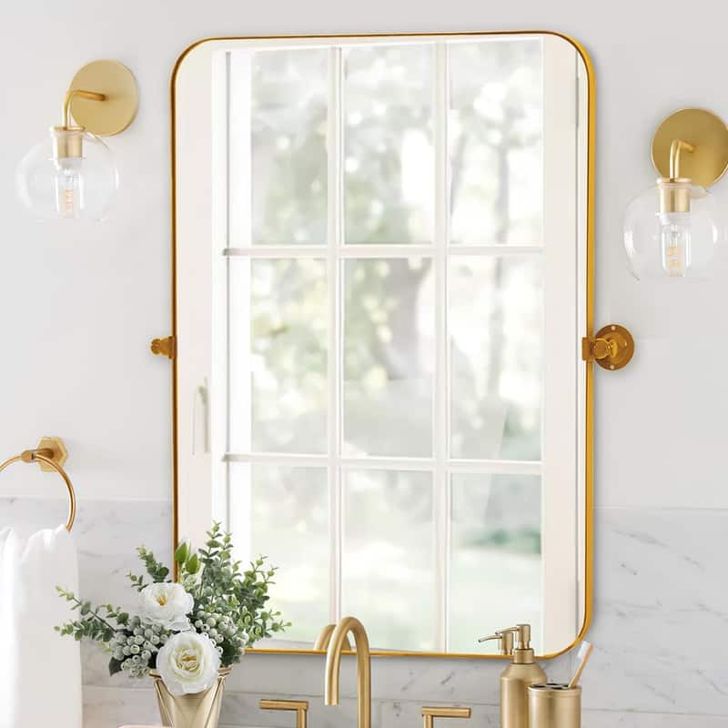 Iron Metal Frame Rectangular Windowpane Wall Mirror Farmhouse Rustic Elegant Decor for Living Room Bedroom Bathroom Entryway - 36" x 24" - Gold Rectangular