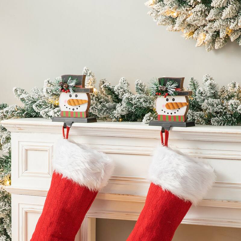 Glitzhome Christmas Wooden/Metal LED Snowman Paw Stocking Holders Mantel Ornament