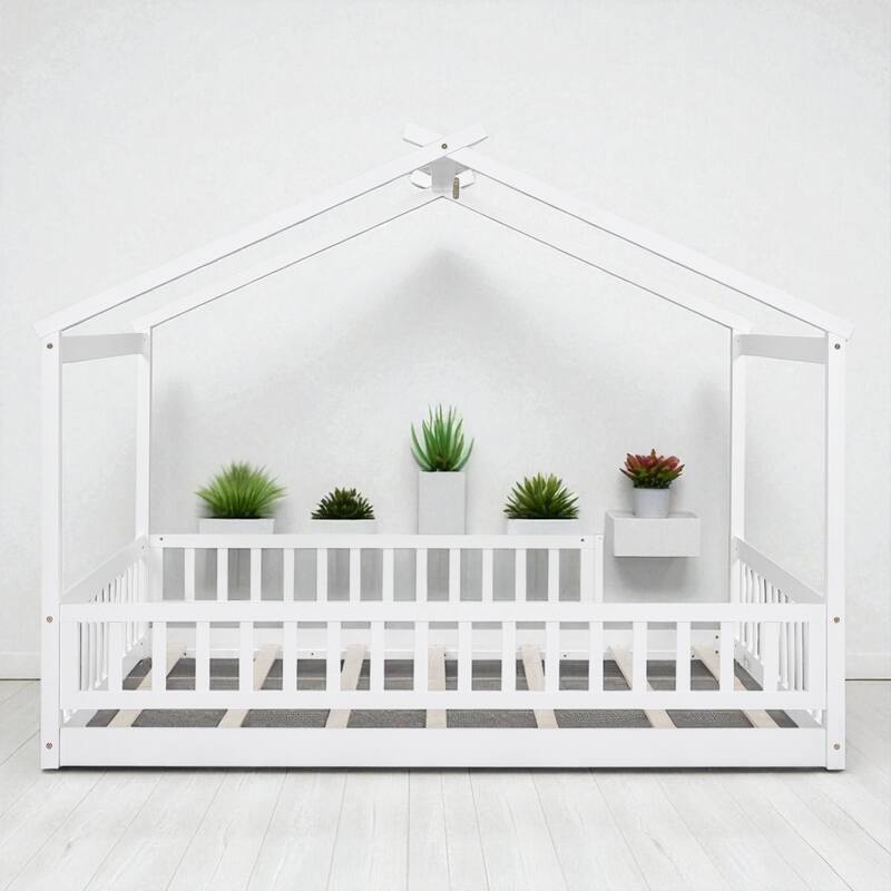 Twin/Full Size Wooden House Bed Frame with Fence and Roof, Playhouse Style for Kids and Teens - White - Full