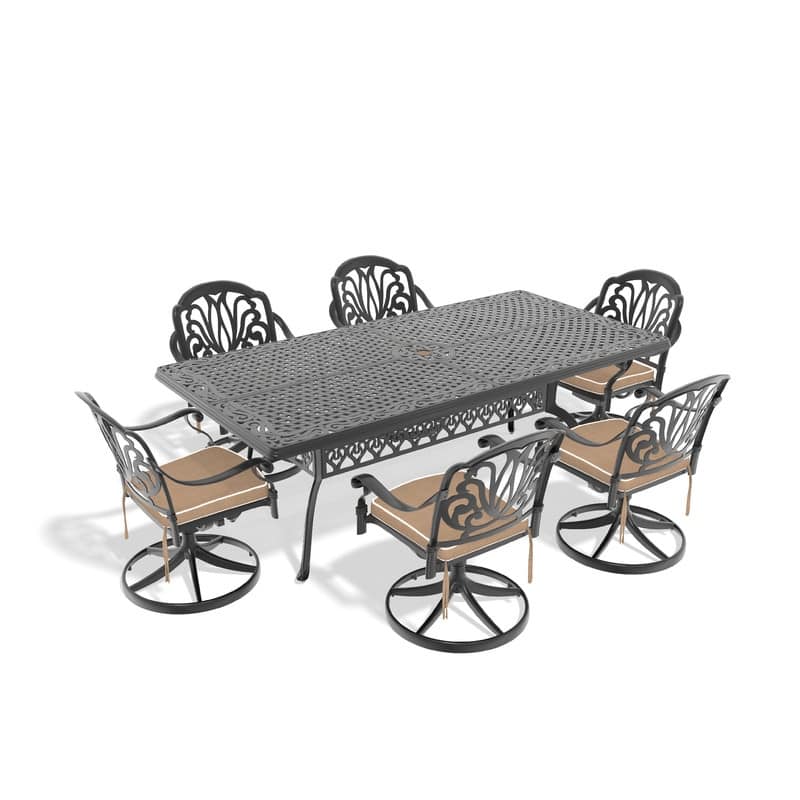 7-Piece Aluminum Rectangular Outdoor Patio Dining Set, 6 Cushioned Swivel Chairs, Table, All-Weather Frames