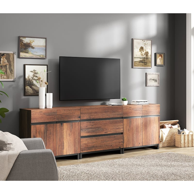 WAMPAT Modern TV Stand for TVs up to 100 inch, 3 in 1 TV Console with Adjustable Shelves and 3 Drawers for Living Room,Bedroom - Brown