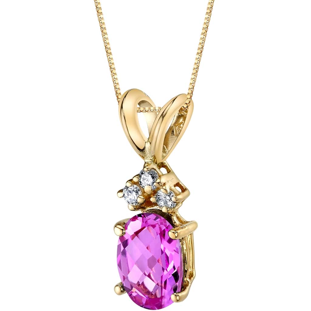 Oravo 1 ct Oval Shape Created Pink Sapphire and Diamond Pendant in 14k Yellow Gold