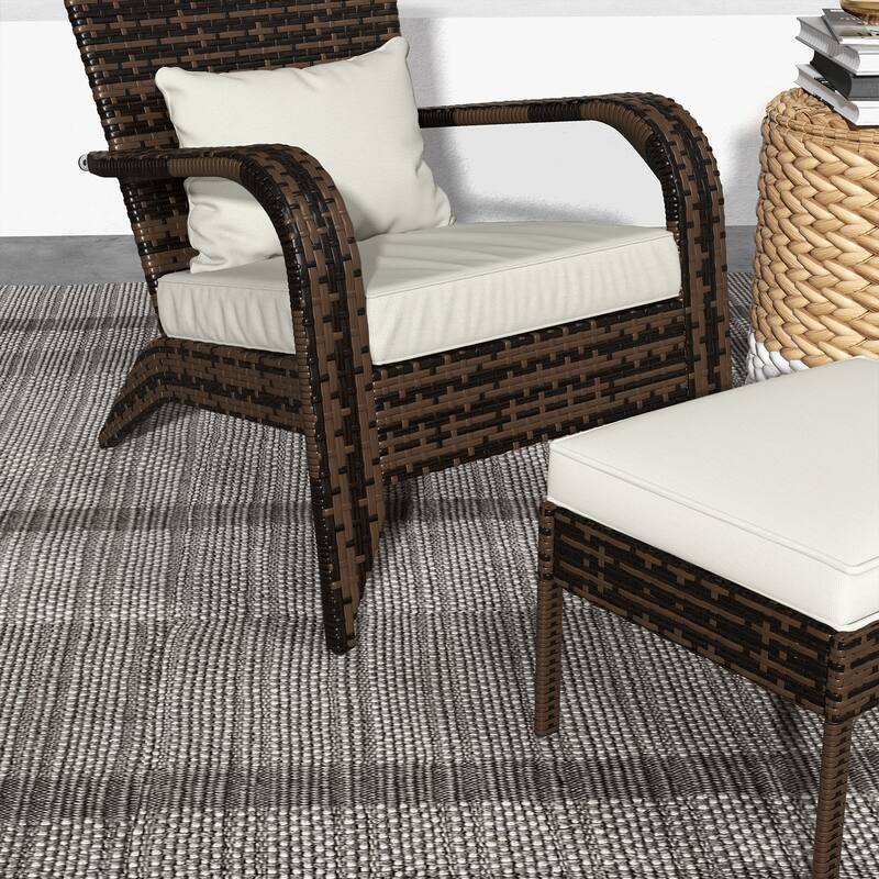 Outdoor Wicker Adirondack Chair with Ottoman, High-Back Lounge Chair with Cushions for Fire Pit, Porch, Patio