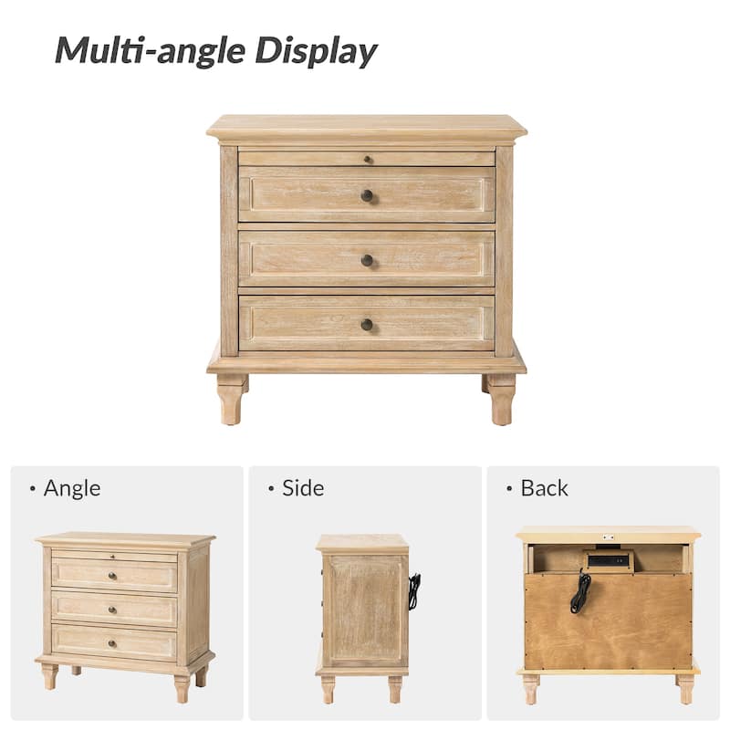 Muriel Farmhouse 3 Drawers Nightstand with Built-In Outlets Set of 2 by HULALA HOME