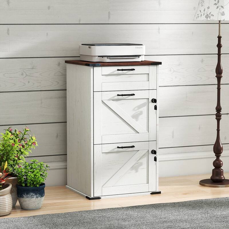 Barn Door Wooden 3 Drawers With Lock 30.71"H - White
