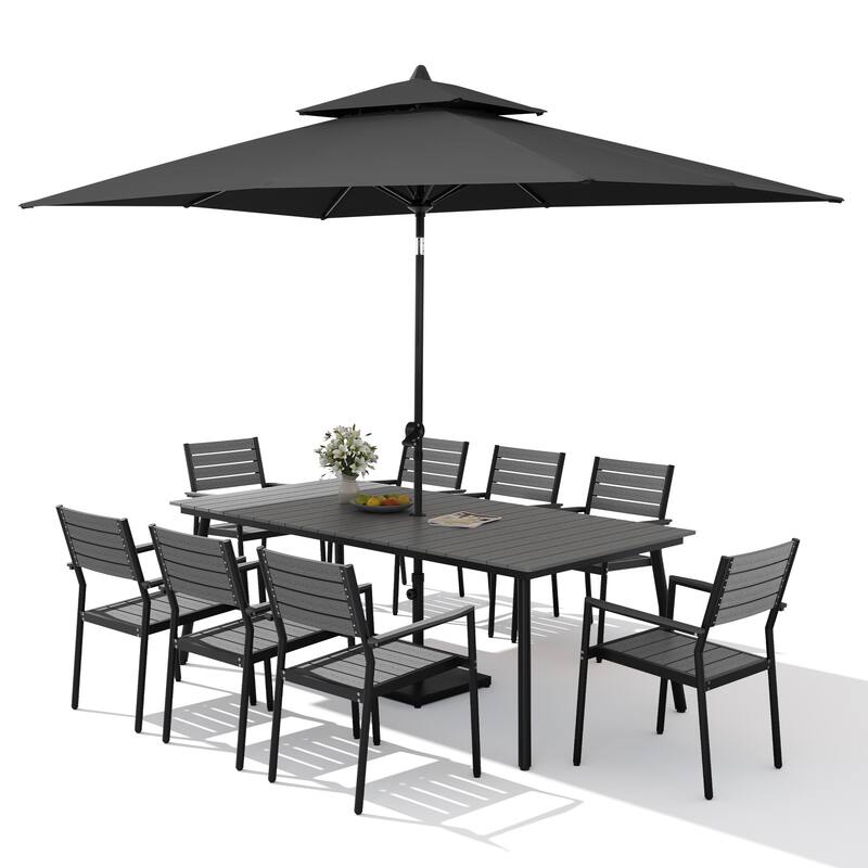 11PC Outdoor Patio Dining Set WoodLike Aluminum Umbrella Hole Table with Stackable Armchairs,Double Top Market Umbrella and Base