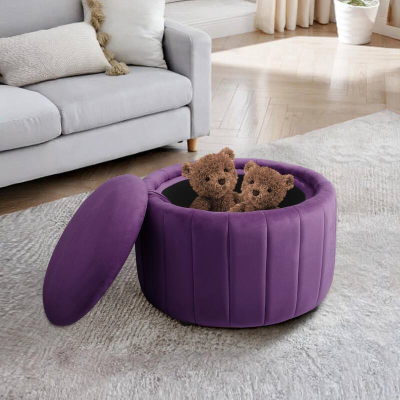 30" W Round Velvet Upholstered Storage Ottoman with Flip Top Tray - Purple