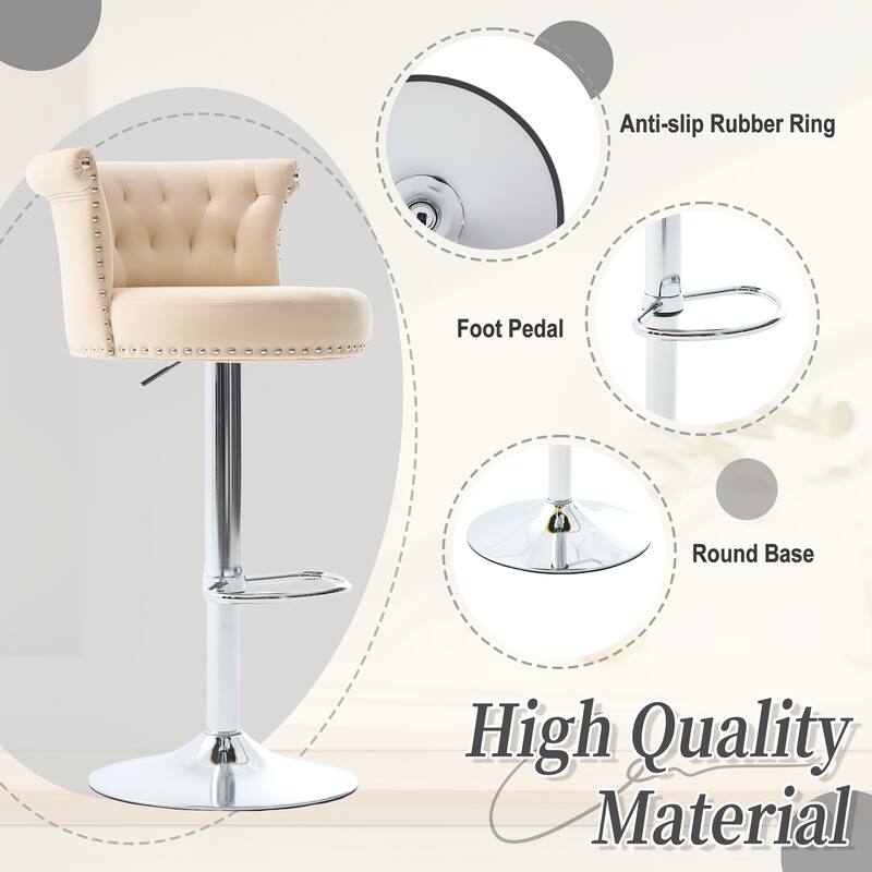 Velvet Bar Stool Set of 2, Adjustable Swivel Bar Stools with Silver Plated Metal Leg, Counter Height Chair