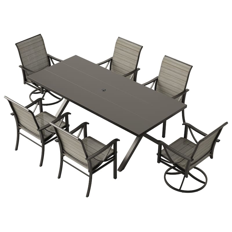 Kullavik 7-Piece Outdoor Dining Set with 4 Textilene Single Chairs, 2 Swivel Chairs and Large Table