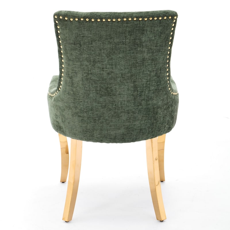 Chenille Dining Chairs, Modern Style with Curved Gold - Plated Legs & Rivet Trim, Green,Set of 2