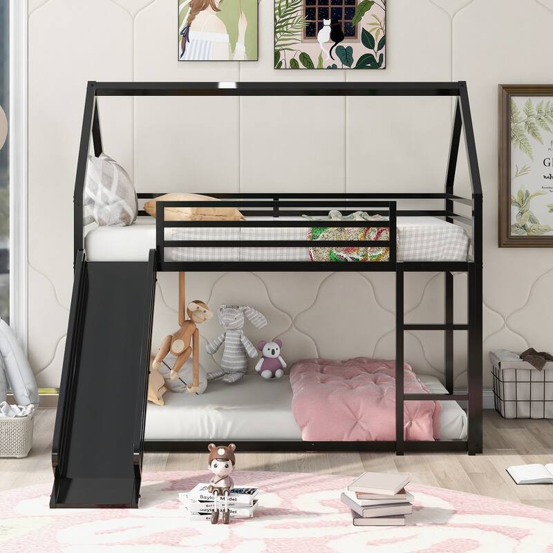 Twin Over Twin House Bunk Bed with Ladder and Slide, Black