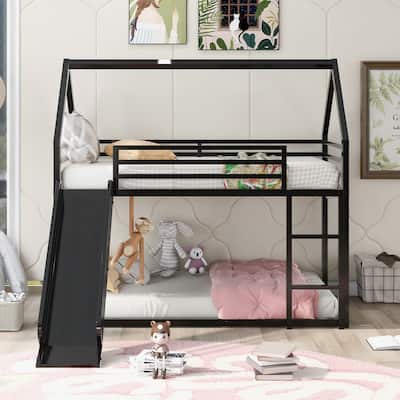Twin over Twin House Bunk Bed with Ladder and Slide House Shaped Bunk Bed Frame with Lenght Guardrail, No Box Spring Needed