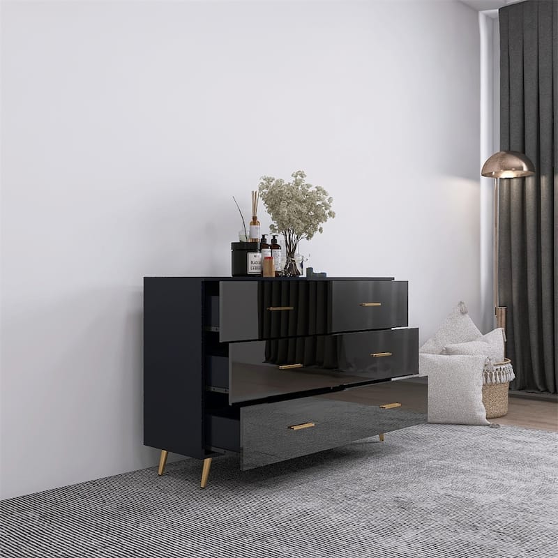 High Glossy Surface 6 Drawers Vanity with Handle and Steel Legs - N/A