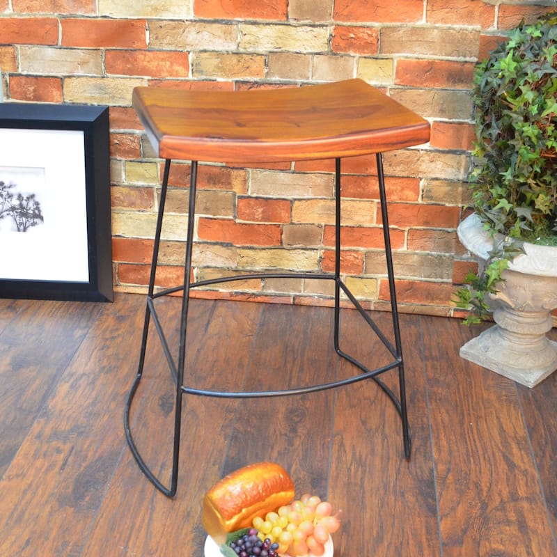 Set of 2 Chestnut Brown and Black Saddle Seat Counter Stools 25"