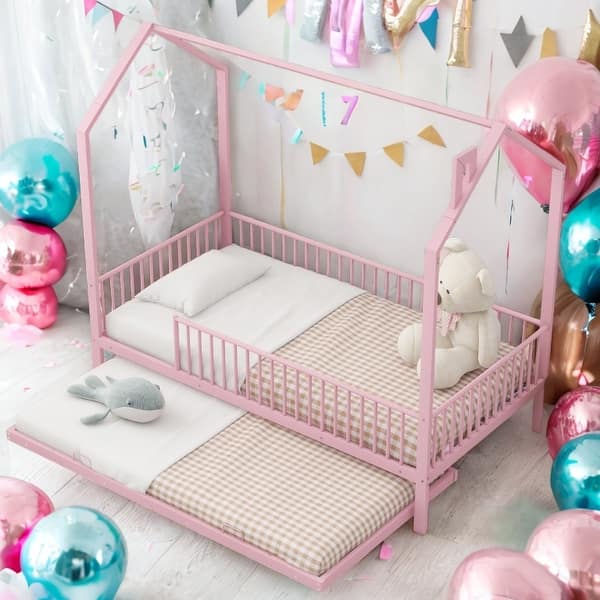 slide 2 of 28, Kids and Baby House-Shaped Metal Twin Size House Bed with Fence and Trundle Pink