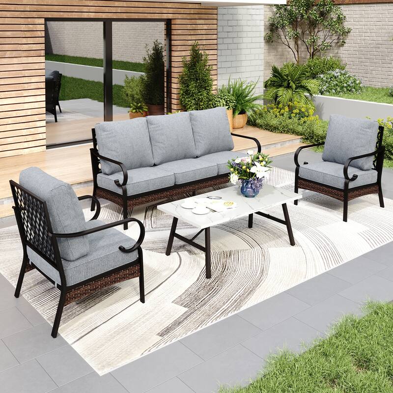 MAISON ARTS 5-Seat Outdoor Patio Furniture Sets, 2 x Cushioned Chairs, 1 x 3-Seat Sofa with Marbling Coffee Table