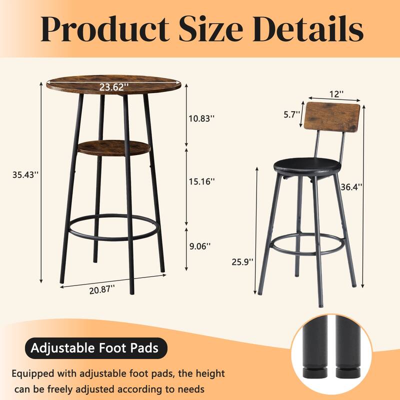 3 Pieces Round Bar Table and Chairs Set, Small Dining Table for 2 with 2-Tier Storage & 2 PU Upholstered Bar Stools