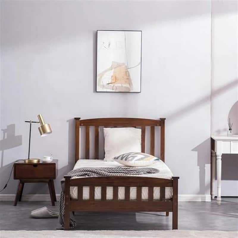 Twin Canopy Bed with Arched Headboard and Footboard, Solid Pine Wood Wooden Bed with Coffee-Brown