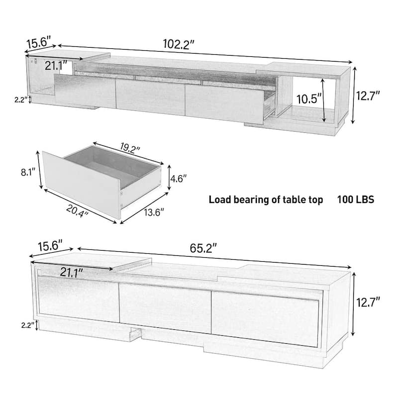 Extendable 102-Inch Modern TV Stand Media Console with 3 Drawers