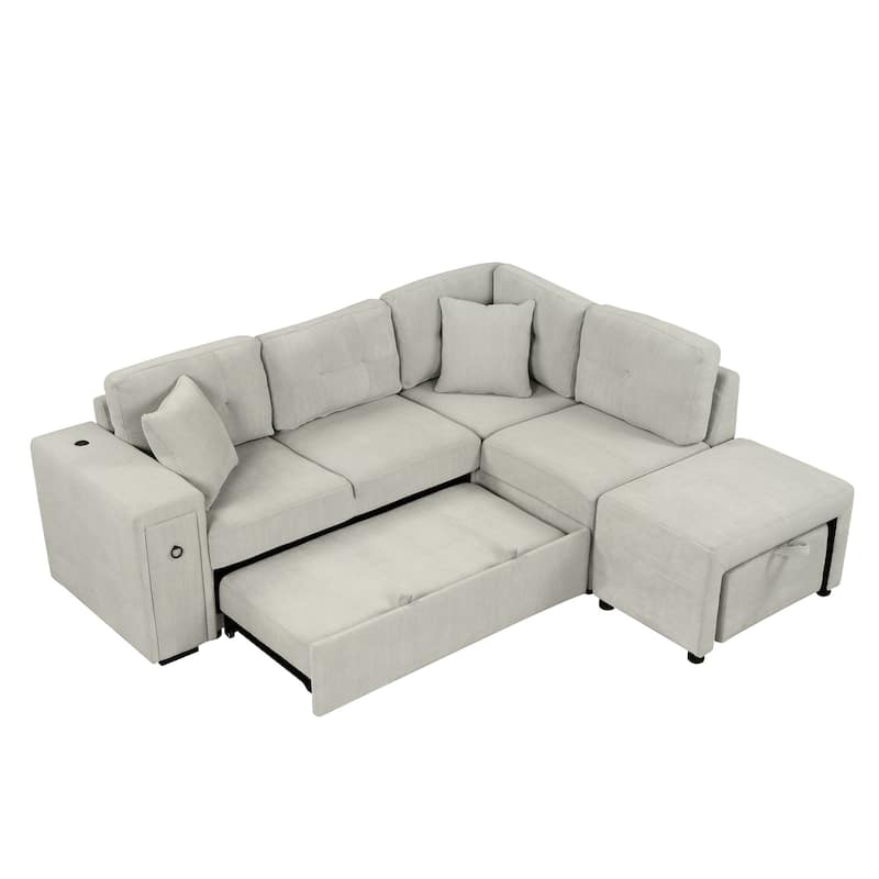 86.6" L-Shaped 4-Seat Sectional Sofa with Pull-Out Bed, Movable Ottoman, USB Ports, and Drop-Down Table Cup Holder
