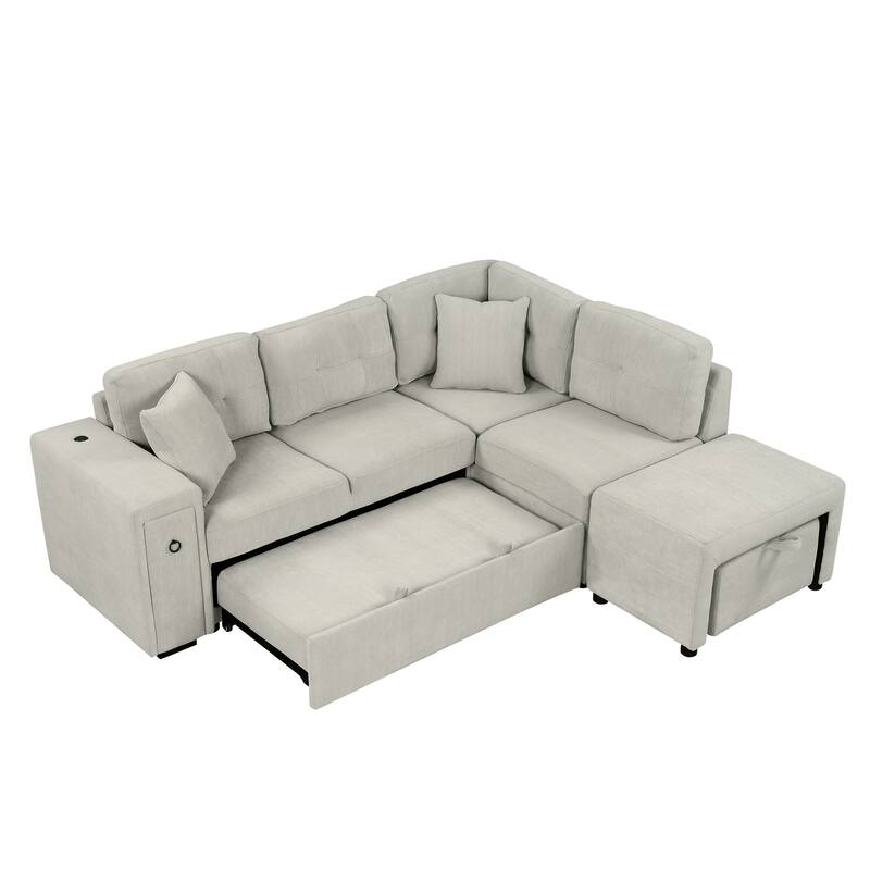 Convertible Sectional Sofa Bed with Ottoman, Chenille L-Shaped Pull Out Couch with Drawer 2 USB Ports & 2 Cup Holders