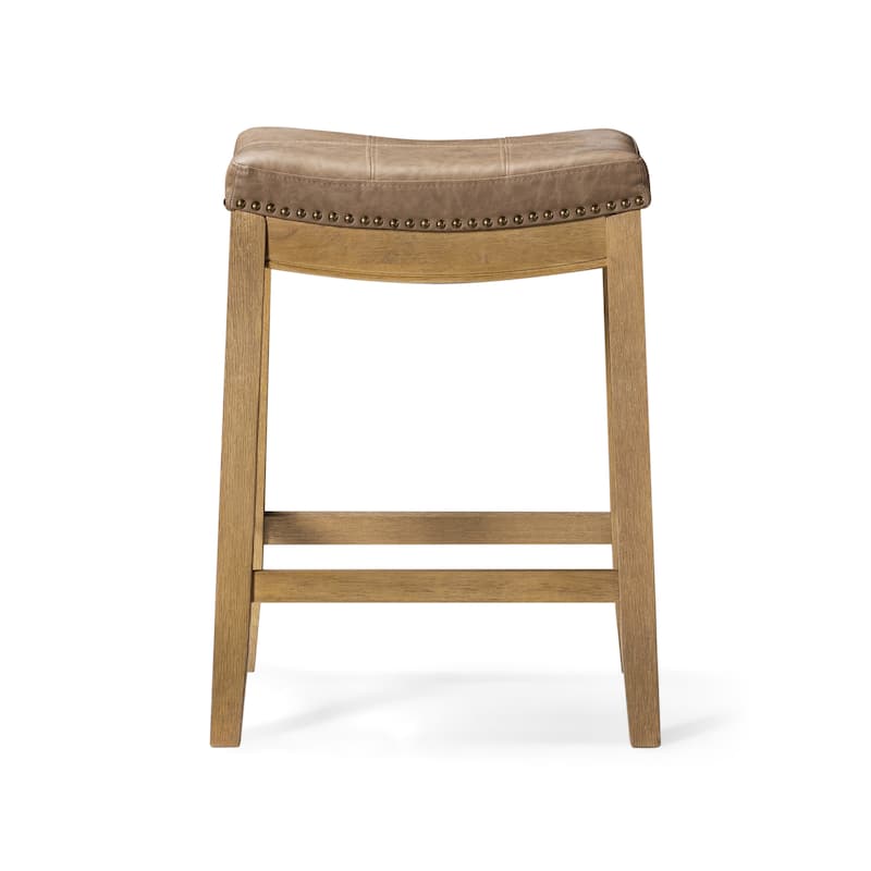 HomeRoots 26" Tan and Natural Faux Leather and Solid Wood Backless Counter Height Bar Chair