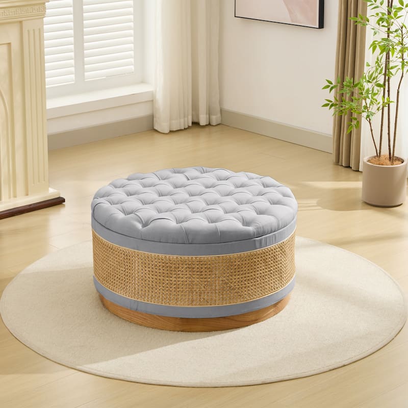 Linen & Rattan Round Storage Ottoman, Button-tufted Upholstery