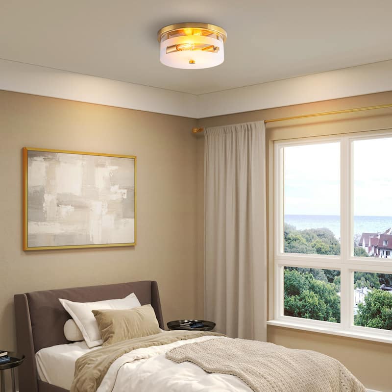 2-Light Modern Industrial Glass & Bronze Metal Ring Ceiling Light for Living Room - 2 Light